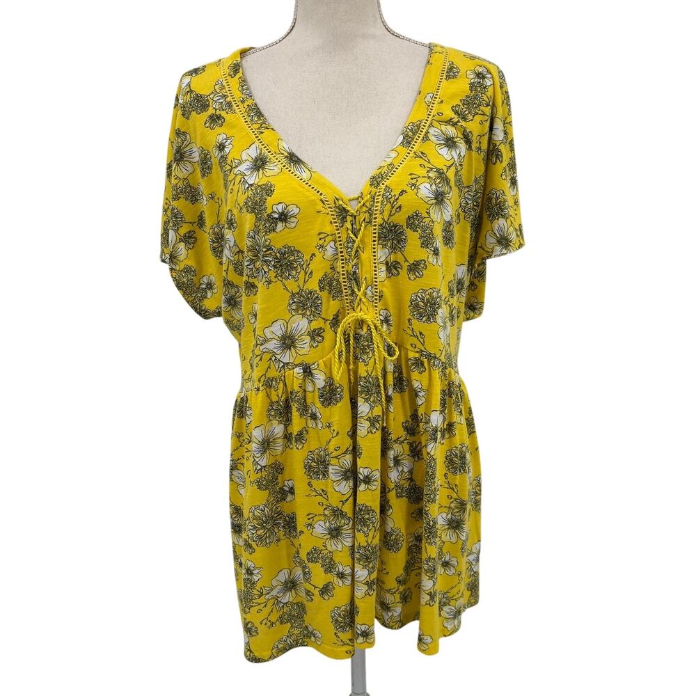 Torrid Floral Lace-up Front V-neck Short Sleeve Summer Peplum Blouse Yellow Sz 3